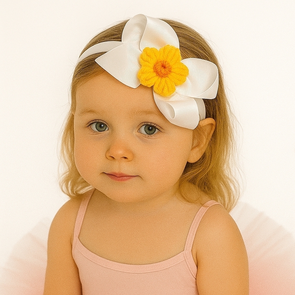 Hand Crafted White Bow Hairband Hand Knit Crochet Yellow Puffy Flower Coquette